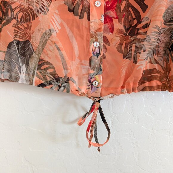 FRANK LYMAN Blouse L Multicolor Floral Sheer Embellished Roll Tab Sleeve Tie - Picture 5 of 14